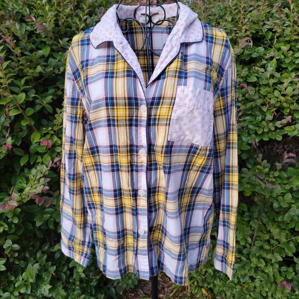 Boden S Pajama Top Yellow Plaid Polka Dot Contrast Cotton WP043 Farmhouse Boho